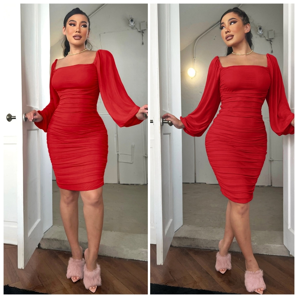 Red Zip-Back Ruched Dress - Picture 1 of 5